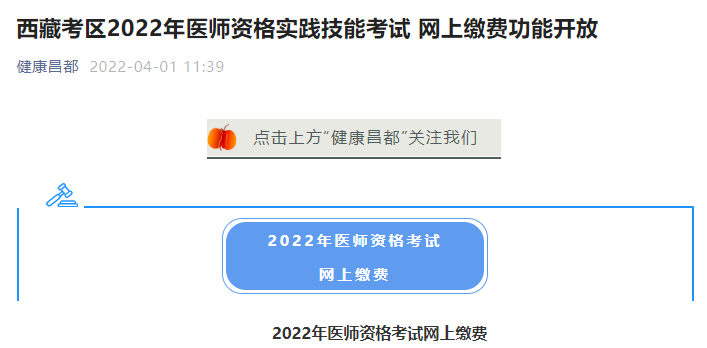 西藏昌都2022年医师技能网上缴费入口