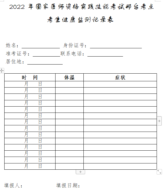 邢臺(tái)臨床執(zhí)業(yè)醫(yī)師實(shí)踐技能考試健康監(jiān)測(cè)表