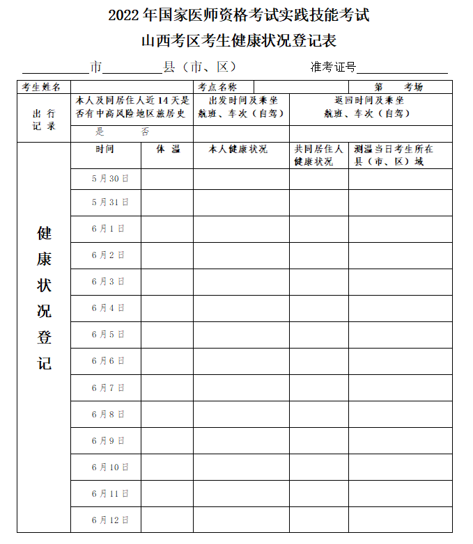 太原临床执业医师实践技能考试健康登记表