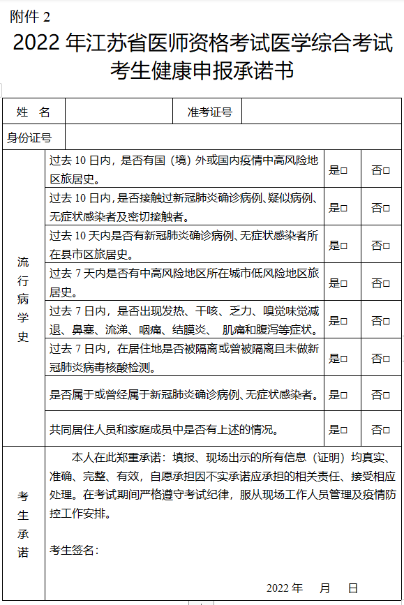 2022年江蘇省醫(yī)師一年兩試考生健康申報承諾書.png